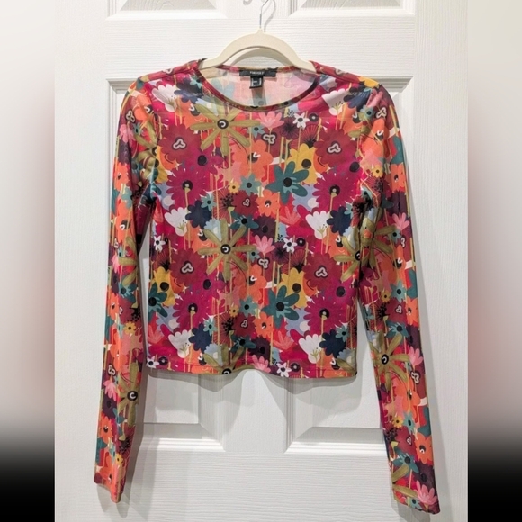 Forever 21 Womens Floral Mesh Top Festival M Rave Dopamine Long Sleeve Retro - Picture 5 of 11